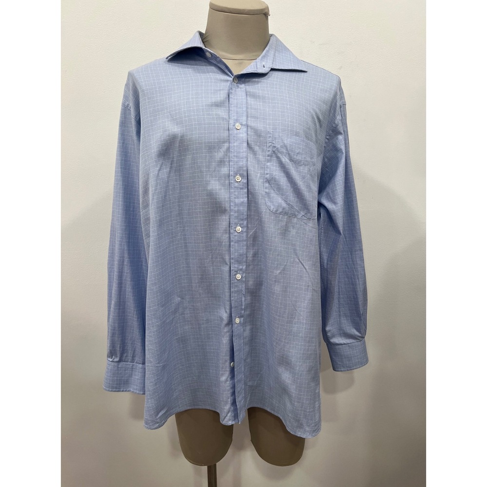 Ike Behar Dress Shirt Mens 17.5 34/35 Blue Glen Plaid Long Sleeve Cotton
